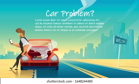 Automobile Breakdown - Man Calling Technical Car Service on Urban Landscape Background. Mobile Technology for Emergency Help with Car Problems, Repair, Transport Evacuation. Flat Vector Illustration.