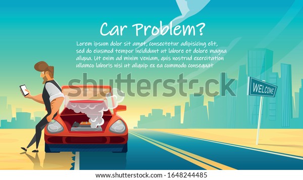 Automobile Breakdown - Man Calling\
Technical Car Service on Urban Landscape Background. Mobile\
Technology for Emergency Help with Car Problems, Repair, Transport\
Evacuation. Flat Vector\
Illustration.