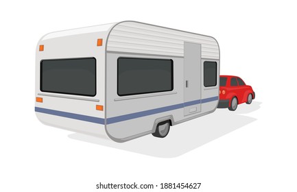 Automobile and camper with space for living. Vector traveling in truck around world, road transport, house on wheels, life on road with comfort design isolated on white background