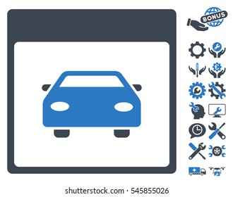 Automobile Car Calendar Page icon with bonus tools graphic icons. Vector illustration style is flat iconic symbols, smooth blue, white background.