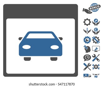 Automobile Car Calendar Page icon with bonus options graphic icons. Vector illustration style is flat iconic symbols, cobalt and gray, white background.