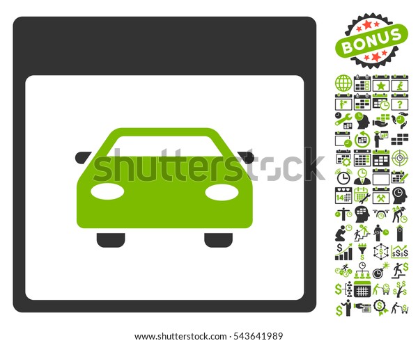 Automobile\
Car Calendar Page icon with bonus calendar and time management\
pictograph collection. Vector illustration style is flat iconic\
symbols, eco green and gray, white\
background.