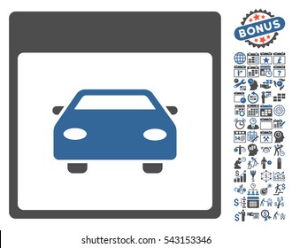 Automobile Car Calendar Page pictograph with bonus calendar and time management design elements. Vector illustration style is flat iconic symbols, cobalt and gray, white background.