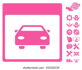Automobile Car Calendar Page pictograph with bonus tools icon set. Vector illustration style is flat iconic symbols, pink, white background.