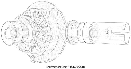 Automobile car gearbox with toothed wheels. Inside view on gearbox cross section with gears and shafts. Vector of 3d. Wire-frame style.