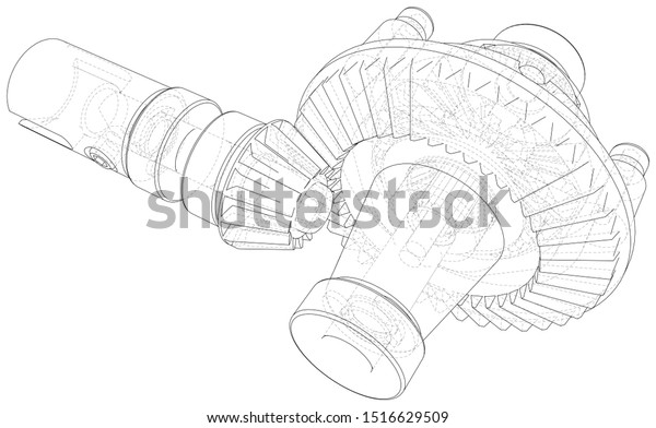 Automobile car gearbox with toothed wheels. Inside\
view on gearbox cross section with gears and shafts. Vector of 3d.\
Wire-frame style.