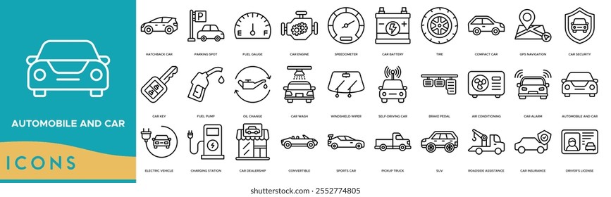 Automobile and Car icon. Hatchback Car, Parking Spot, Fuel Gauge, Car Engine and Speedometer