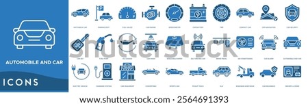 Automobile and Car icon. Hatchback Car, Parking Spot, Fuel Gauge, Car Engine and Speedometer