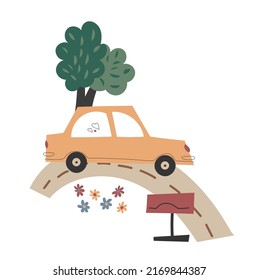 Automobile. Car on the road in cartoon style. Children's car. Illustration in a flat style.