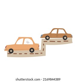 Automobile. Car on the road in cartoon style. Children's car. Illustration in a flat style.