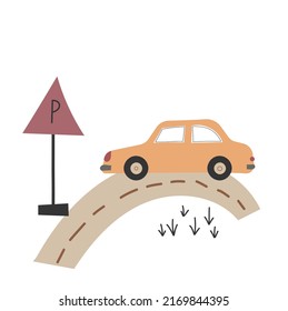 Automobile. Car on the road in cartoon style. Children's car. Illustration in a flat style.