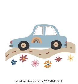 Automobile. Car on the road in cartoon style. Children's car. Illustration in a flat style.