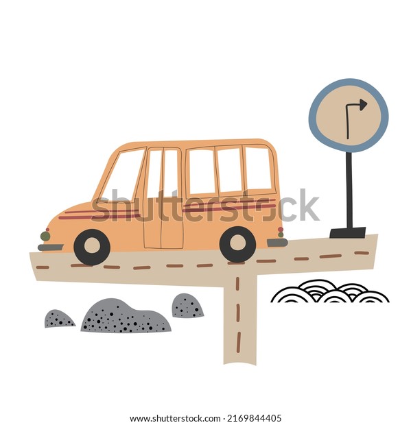 Automobile. Car on the road in cartoon style.\
Children\'s car. Illustration in a flat\
style.