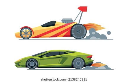 Automobile or Car Participating in Drag or Motor Racing Vector Set