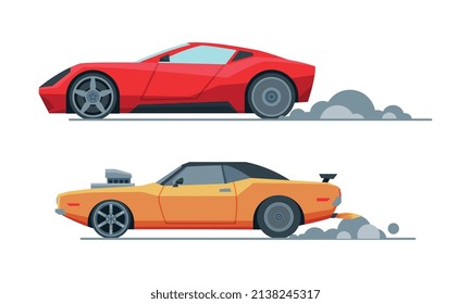 Automobile or Car Participating in Drag or Motor Racing Vector Set