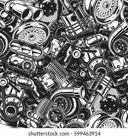 Automobile car parts seamless pattern with monochrome black and white elements background.
