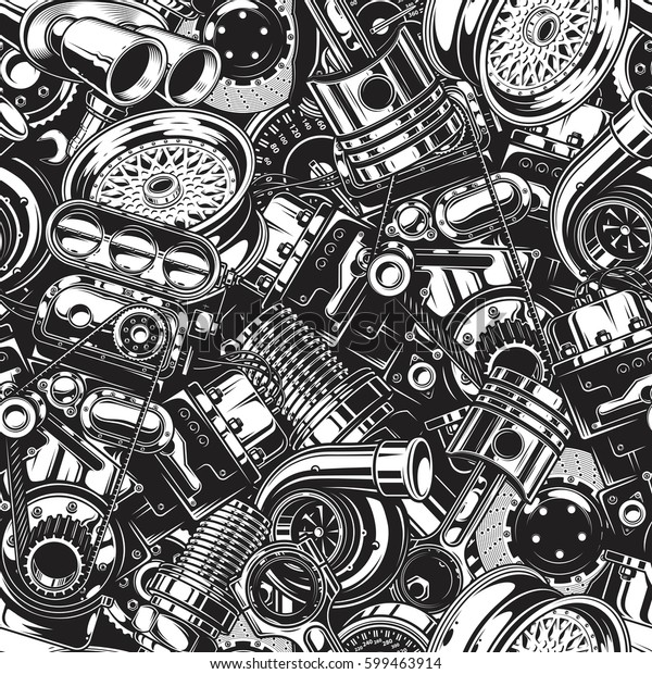 Automobile car parts seamless pattern with\
monochrome black and white elements\
background.