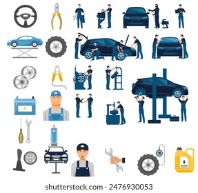 Automobile car repair tools and men on work art vector file  