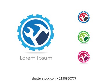 Automobile, car repairing service logo design, wrench in gear icon, mechanic tools vector illustration.