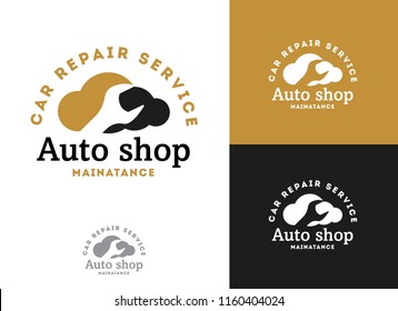 Automobile, car repairing service logo design, wrench in gear icon, mechanic tools vector illustration.