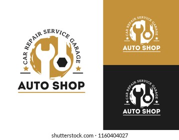 Automobile, car repairing service logo design, wrench in gear icon, mechanic tools vector illustration.