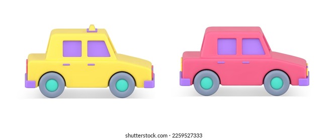 Automobile car sedan yellow cab taxi for urban destination passenger transportation service 3d icon set realistic vector illustration. Automotive traffic transport commercial city street travel