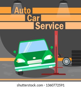 Automobile Car Service Flat Vector Banner Template. Tire Replacement Typography. Broken Auto, Vehicle on Lifting Equipment. Spare Tyre Fitting. Repair, Maintenance Workshop, Station, Garage Interior