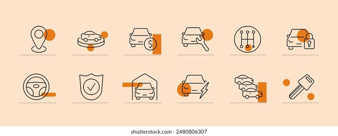 Automobile and car service line icons set. Car garage, electric, price, car search, car key, gear shift, steering wheel, insurance, fleet, security. Automotive, maintenance, transport