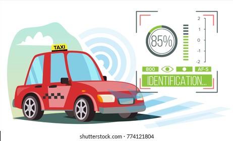 Automobile Car Vector. Modern Driverless Car. Driving On Road And Sensing Systems. Future Concept. ACC Adaptive Cruise Control. Isolated On White Cartoon Character Illustration
