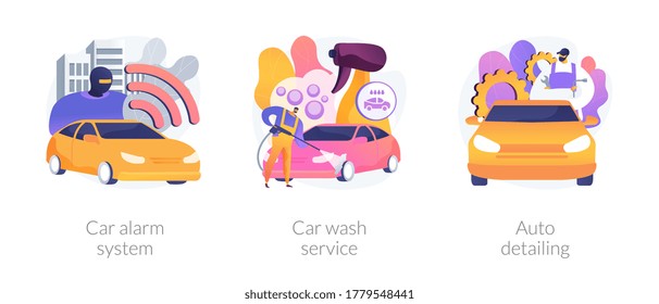 Automobile care service abstract concept vector illustration set. Car alarm system, car wash service, auto detailing, anti-theft, automatic wash, full service, vehicle detailing abstract metaphor.