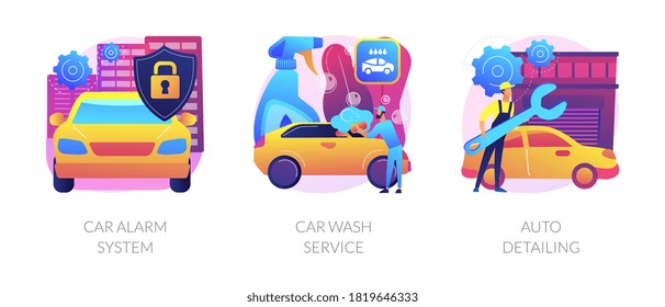 Conjunto de ilustraciones vectoriales abstractas del servicio de cuidado del automóvil. Sistema de alarma de coches, servicio de lavado de coches, detalle automático, antirrobo, lavado automático, servicio completo, el vehículo detallando metáfora abstracta.