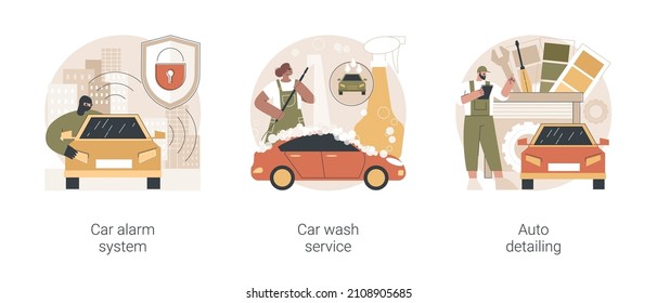 Automobile care service abstract concept vector illustration set. Car alarm system, car wash service, auto detailing, anti-theft, automatic wash, full service, vehicle detailing abstract metaphor.