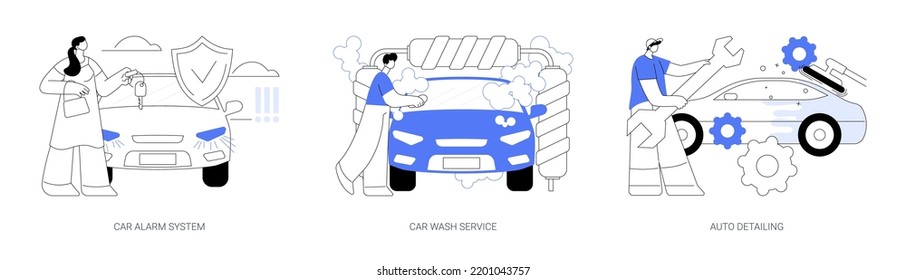 Automobile care service abstract concept vector illustration set. C ar alarm system, car wash service, auto detailing, anti-theft, automatic wash, full service, vehicle detailing abstract metaphor.