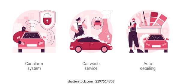 Automobile care service abstract concept vector illustration set. Car alarm system, car wash service, auto detailing, anti-theft, automatic wash, full service, vehicle detailing abstract metaphor.