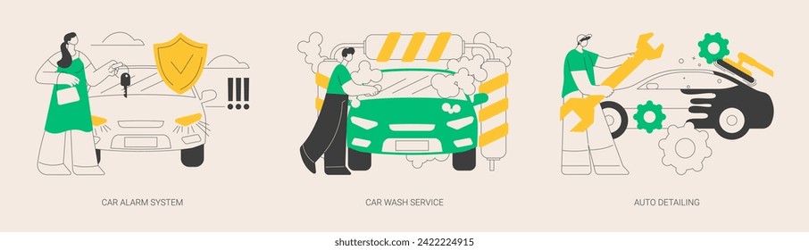 Automobile care service abstract concept vector illustration set. Car alarm system, car wash service, auto detailing, anti-theft, automatic wash, full service, vehicle detailing abstract metaphor.