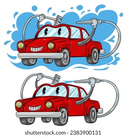 Automobile Cartoon Character Car Wash. Vector Hand Drawn Illustration isolated on white background. 