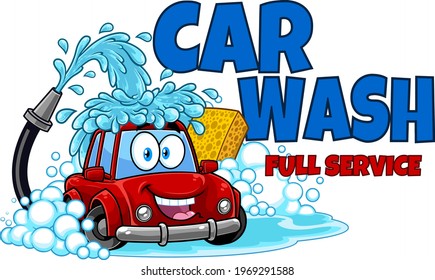Automobile Cartoon Character Washing Itself Over Car Wash. Vector Hand Drawn Illustration Isolated On Transparent Background With Text