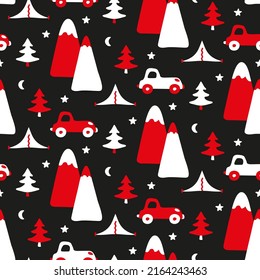 Automobile childish pattern with mountain travel. Contrasting red white toy cars on black background.  Boy jacket fabric print. Transport surrounded by tent camp in nature. Dark night starry wallpaper
