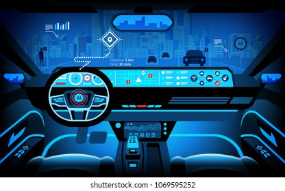 Automobile cockpit, various information monitors and head up displays. autonomous car, driverless car, driver assistance system, ACC(Adaptive Cruise Control), vector illustration 