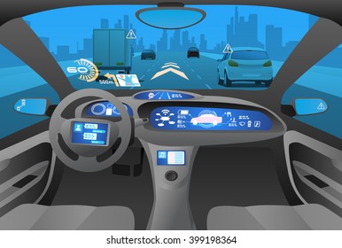 Automobil-Cockpit, verschiedene Informationsmonitore und Head-Up-Displays. autonomes Auto, fahrerloses Auto, Fahrerassistenzsystem, ACC(Adaptive Cruise Control), Vektorgrafik