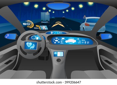 Automobile cockpit, various information monitors and head up displays. night road as seen from the car. autonomous car, driverless car, vector illustration