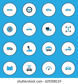 Automobile Colorful Icons Set. Collection Of Auto Hood, Steering Wheel, Tie And Other Elements. Also Includes Symbols Such As Stick, Car, Speed.