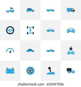 Automobile Colorful Icons Set. Collection Of Chassis, Van, Auto Hood And Other Elements. Also Includes Symbols Such As Steering, Control, Wheelbase.