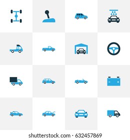 Automobile Colorful Icons Set. Collection Of Crossover, Battery, Auto Hood And Other Elements. Also Includes Symbols Such As Lorry, Wash, Wheelbase.