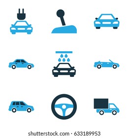 Automobile Colorful Icons Set. Collection Of Car, Cabriolet, Crossover And Other Elements. Also Includes Symbols Such As Stick, Wash, Convertible.
