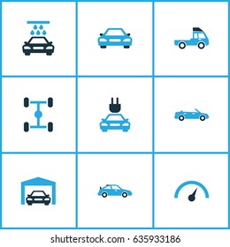 Automobile Colorful Icons Set. Collection Of Sports Automobile, Garage, Vehicle Wash And Other Elements. Also Includes Symbols Such As Crossover, Car, Sports.