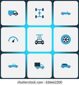Automobile Colorful Icons Set. Collection Of Pickup, Lorry, Chassis And Other Elements. Also Includes Symbols Such As Water, Chronometer, Wash.