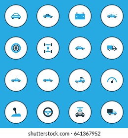 Automobile Colorful Icons Set. Collection Of Gear Lever, Steering Wheel, Sports Automobile And Other Elements. Also Includes Symbols Such As Truck, Control, Sports.