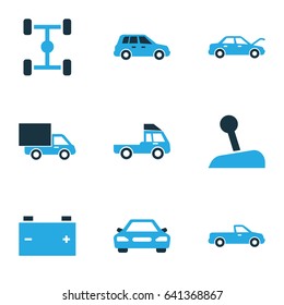 Automobile Colorful Icons Set. Collection Of Auto Hood, Battery, Van And Other Elements. Also Includes Symbols Such As Carriage, Gear, Accumulator.