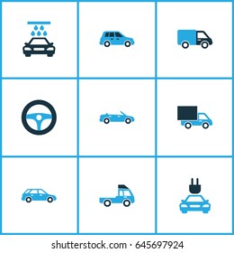 Automobile Colorful Icons Set. Collection Of Lorry, Truck, Crossover And Other Elements. Also Includes Symbols Such As Car, Water, Lorry.